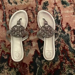 **Worn Once** Tory Burch Embellished Silver Millers